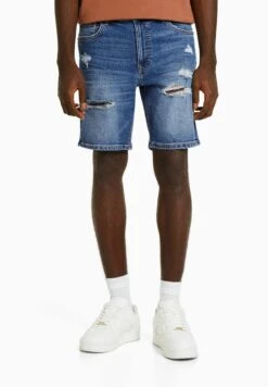 BERSHKA RIPPED - BERMUDA - Szorty Jeansowe - Dark Blue