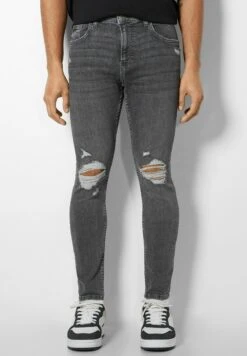 BERSHKA RIPPED - Jeansy Skinny Fit - Mottled Dark Grey