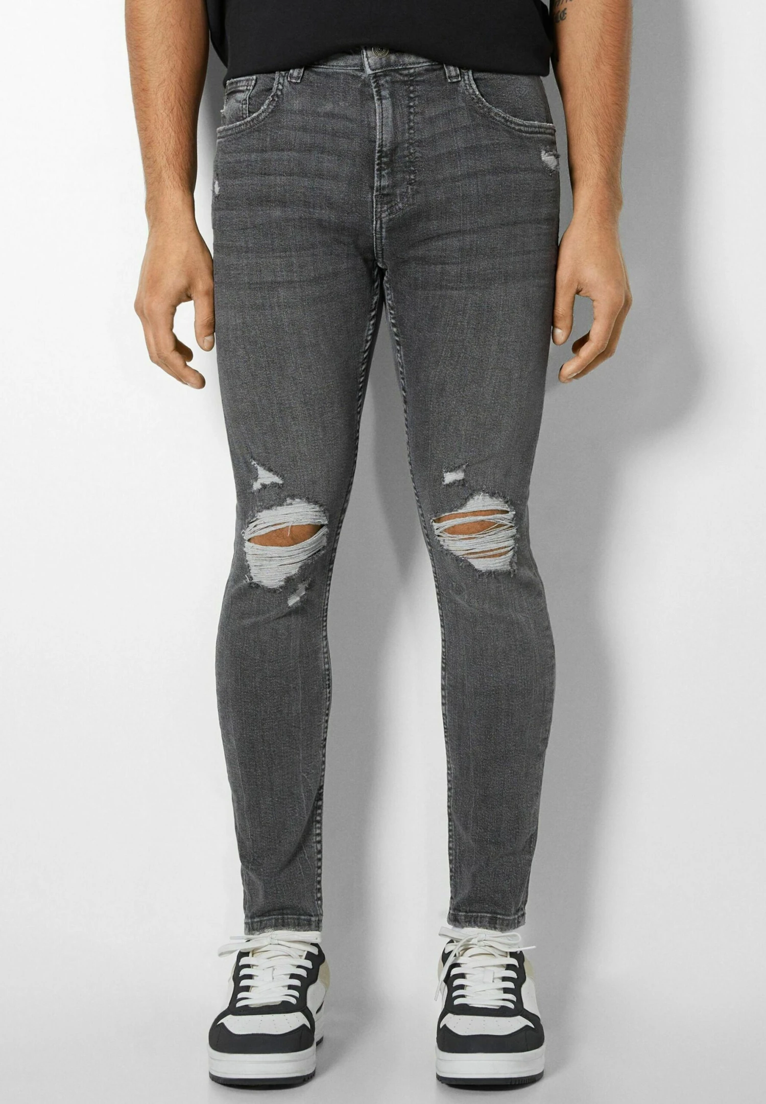 BERSHKA RIPPED - Jeansy Skinny Fit - Mottled Dark Grey 1 BERSHKA RIPPED - Jeansy Skinny Fit - Mottled Dark Grey